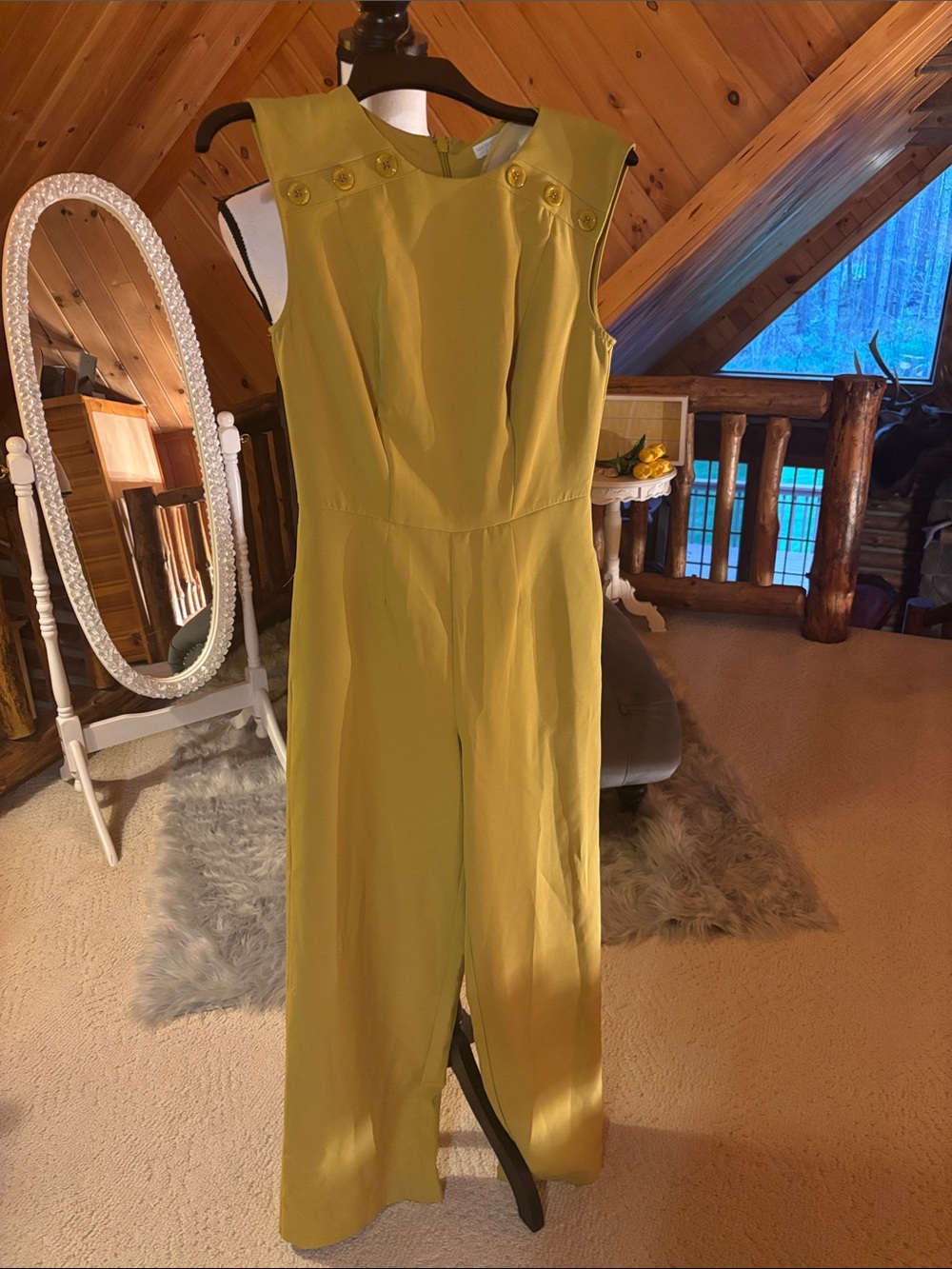 New York & Company Sleeveless Olive Jumpsuit with Button-Trim Shoulders